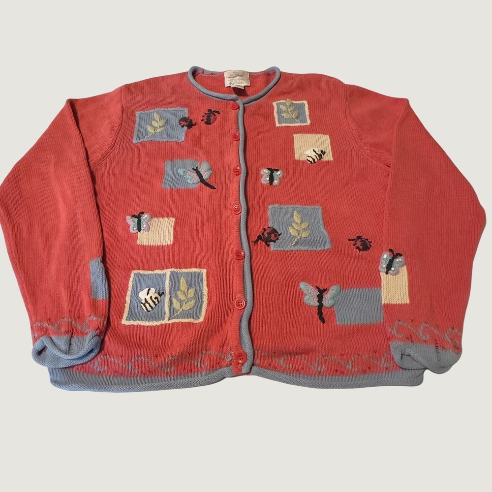 Christopher & Banks Cardigan Red Hand Embroidered Nature 2002 Large Cottagecore